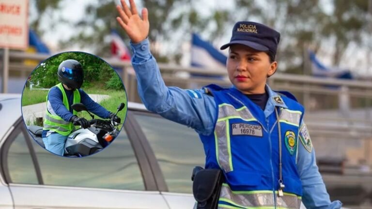 Motociclista hondureño usando chaleco reflectivo durante operativo de tránsito